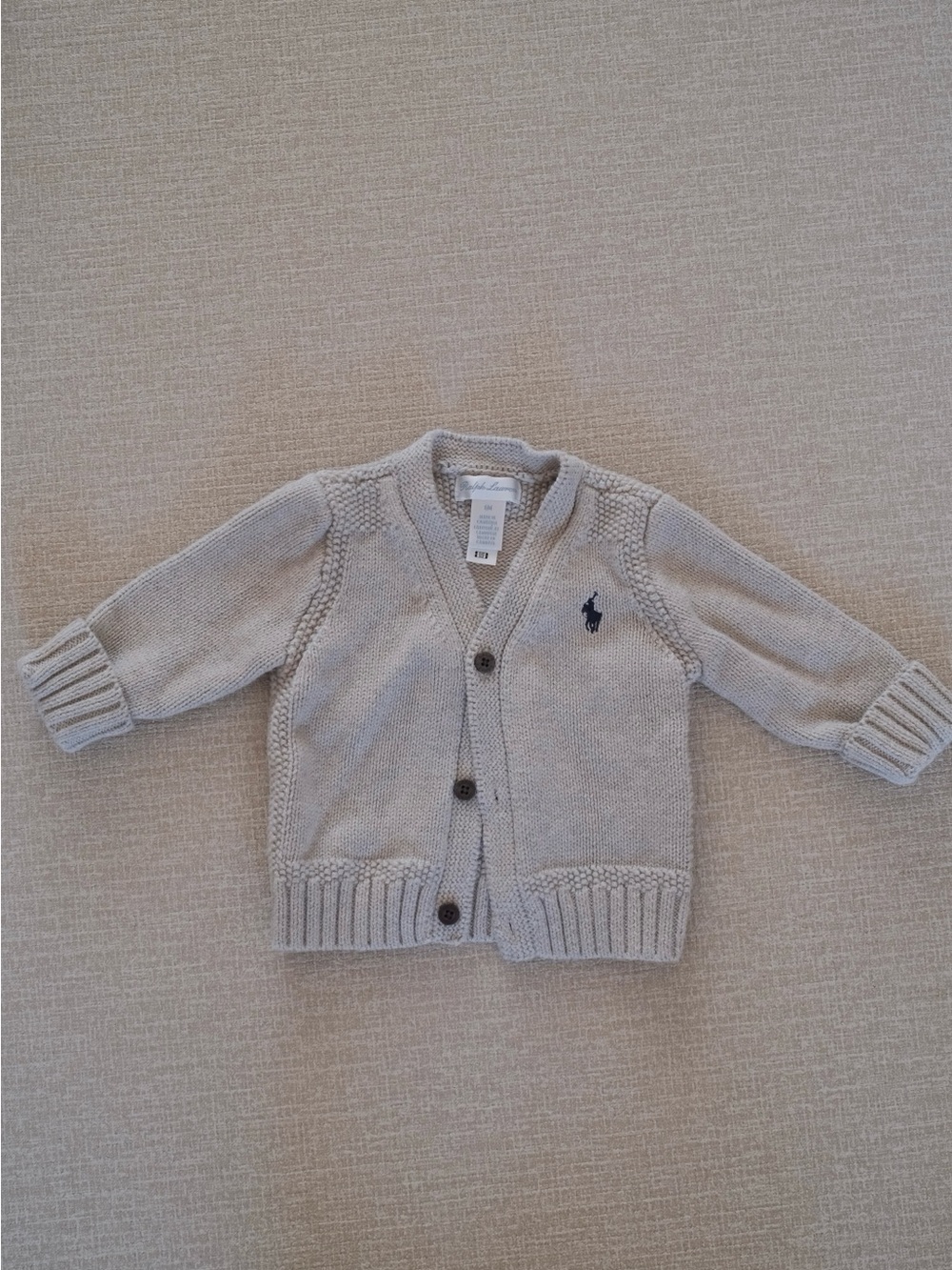 Ralph Lauren Knit Button-Front Cardigan in Light Beige with Navy Pony